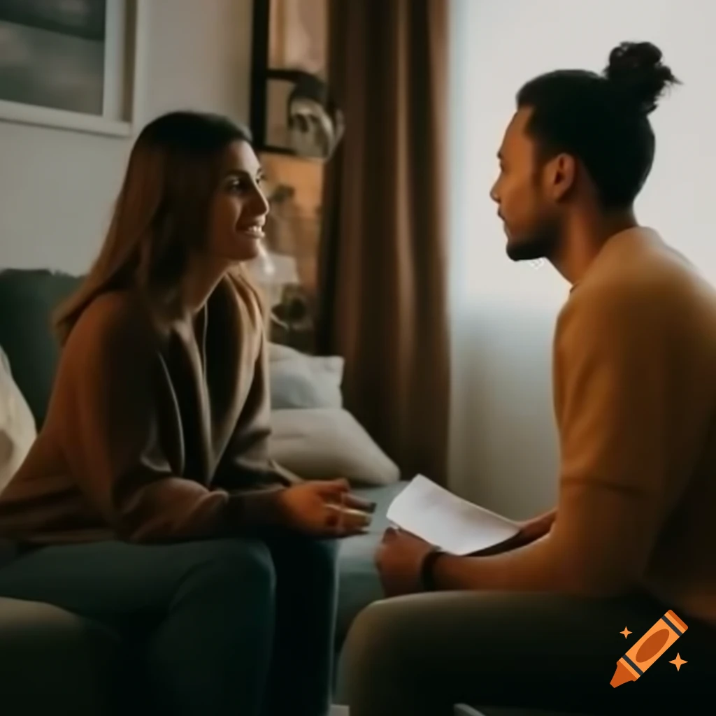 Couple engaging in conversation in cozy apartment