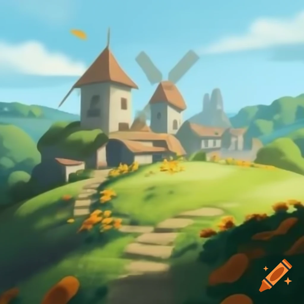 Quaint medieval town with stone castle and wooden windmills on rolling hill