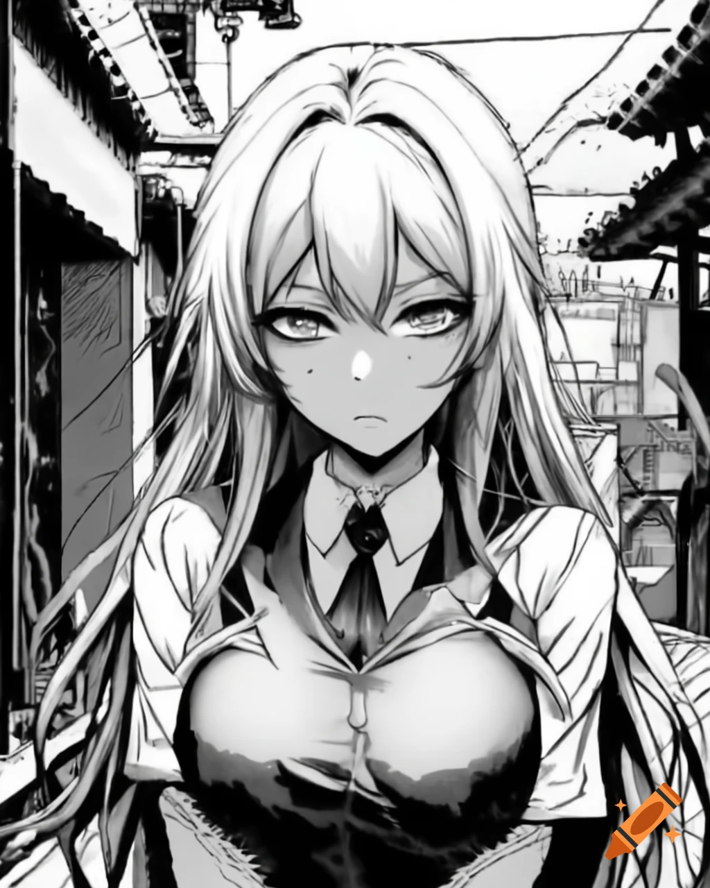 Rebellious gyaru in summer uniform on school rooftop, pixelart style
