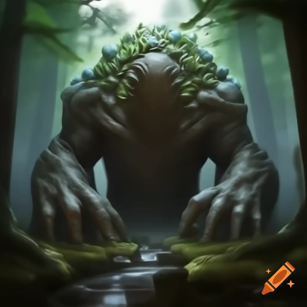 Ornate eldritch stone head surrounded by forest with floating hands