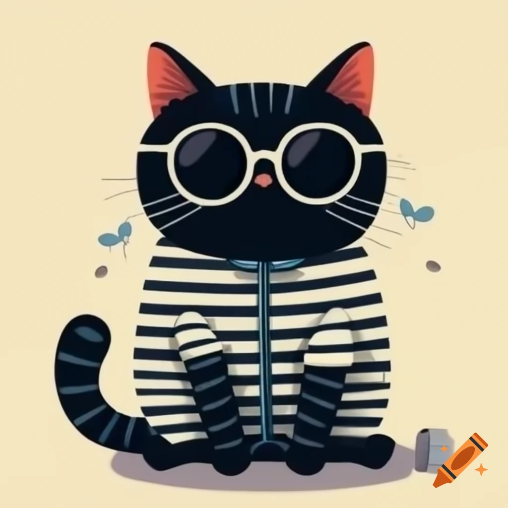 Cartoon art of a black cat with pajamas and sunglasses