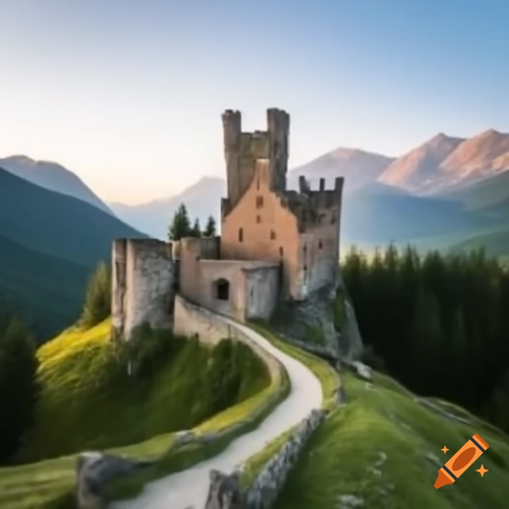 Majestic stone castle reminiscent of Roman times surrounded by mountains and forests