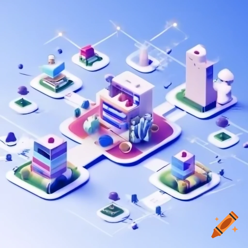 Whimsical 3D village of office-shaped nodes depicting vibrant data flow