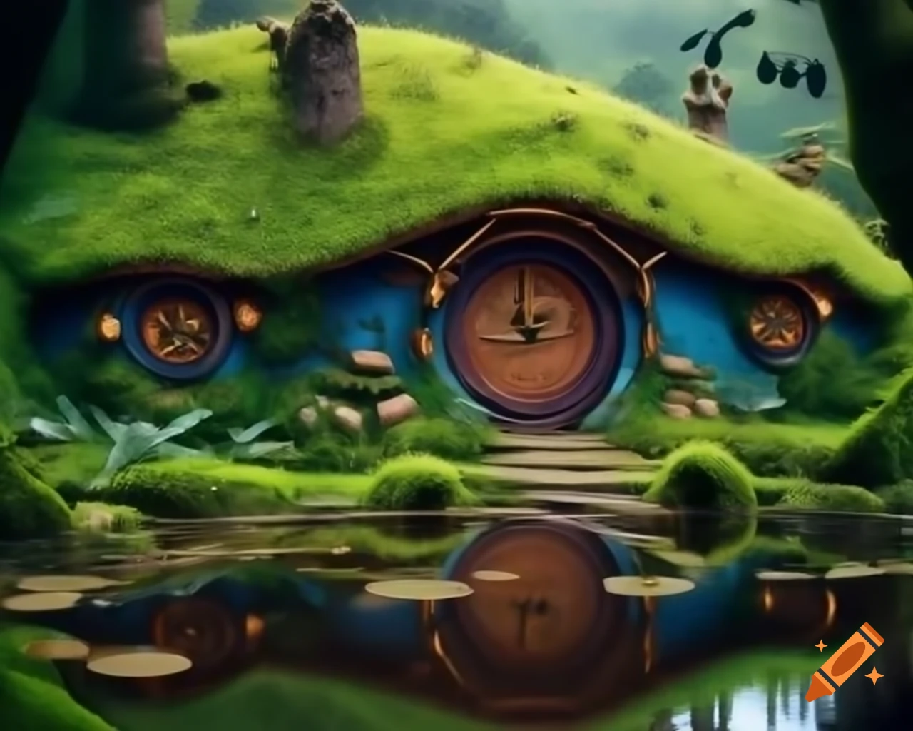 Mossy hobbit house surrounded by puddles and lush vegetation, hyper-realistic photography