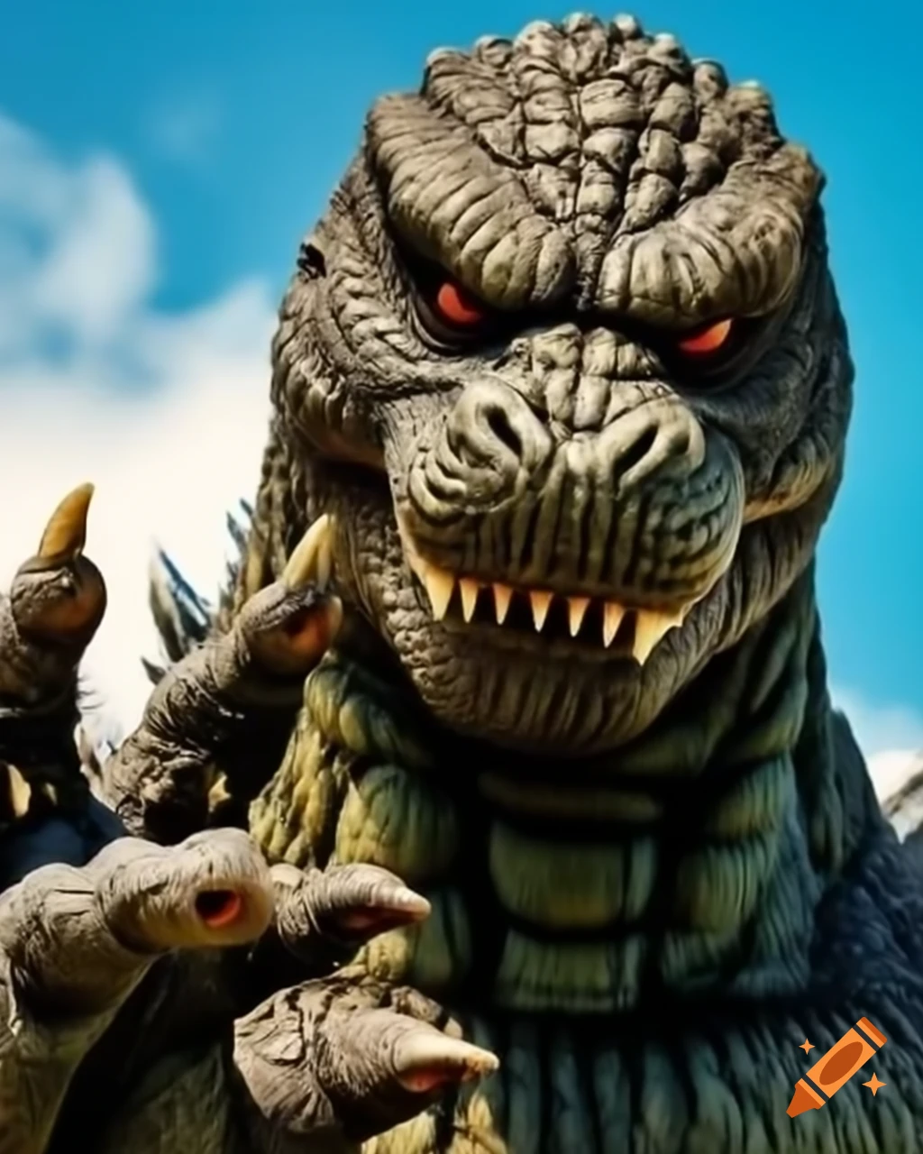 Hyper-realistic selfie of Godzilla making peace sign with detailed facial features