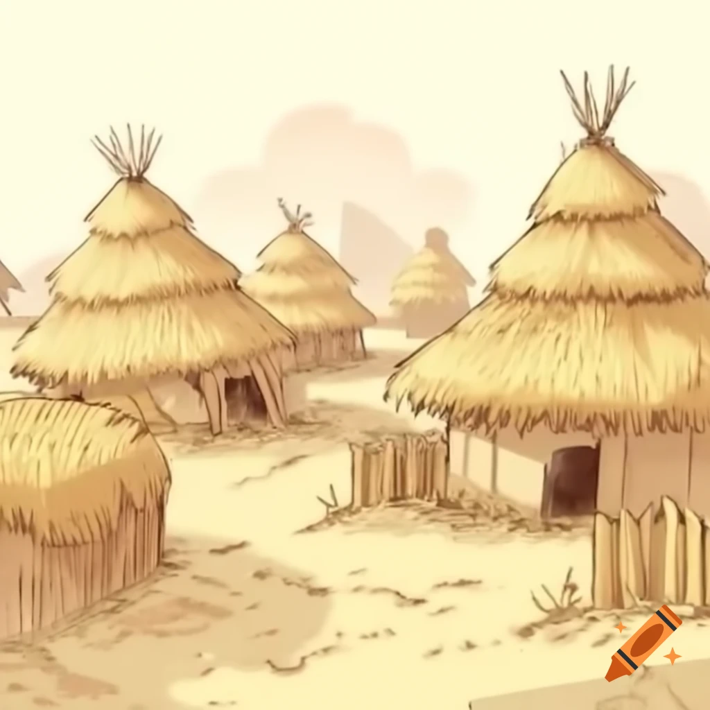 2D art of straw houses in a village