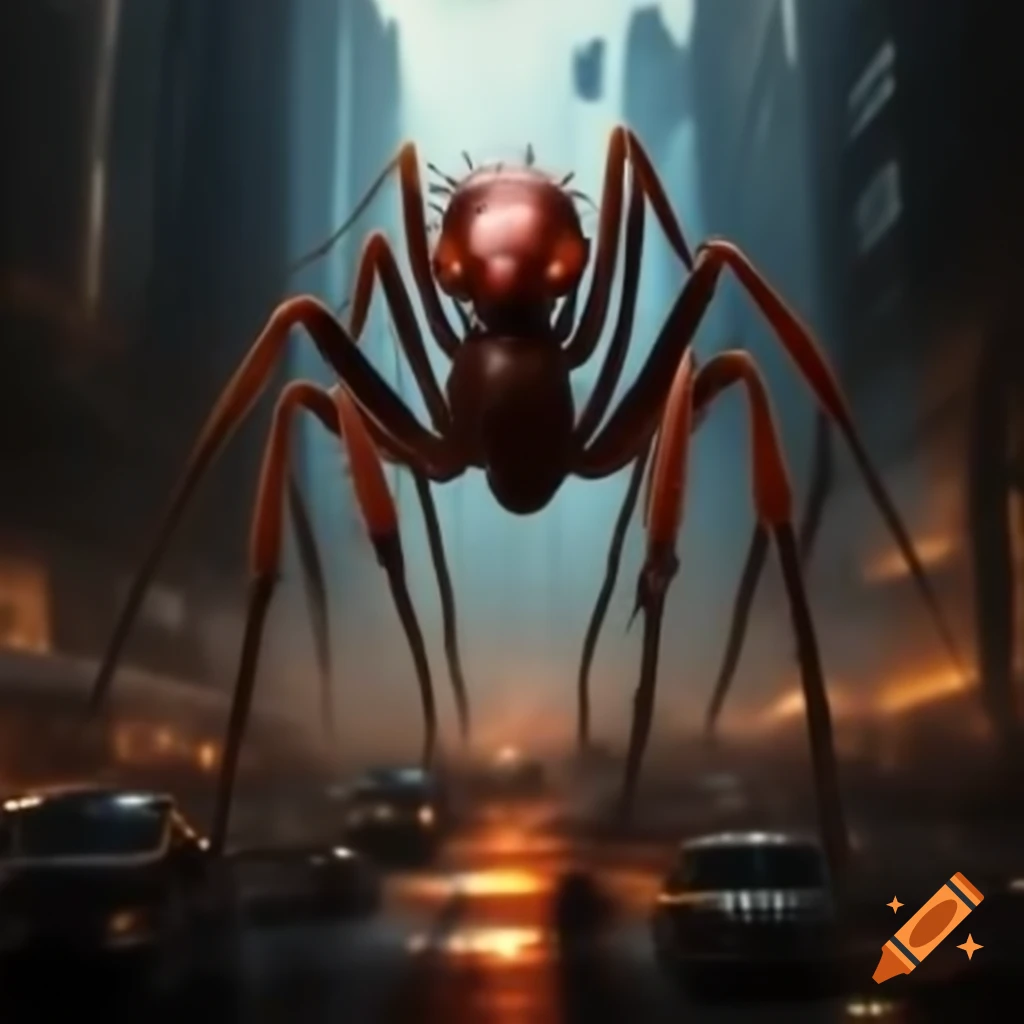 Colossal red ant traversing city with energy beams from its eyes