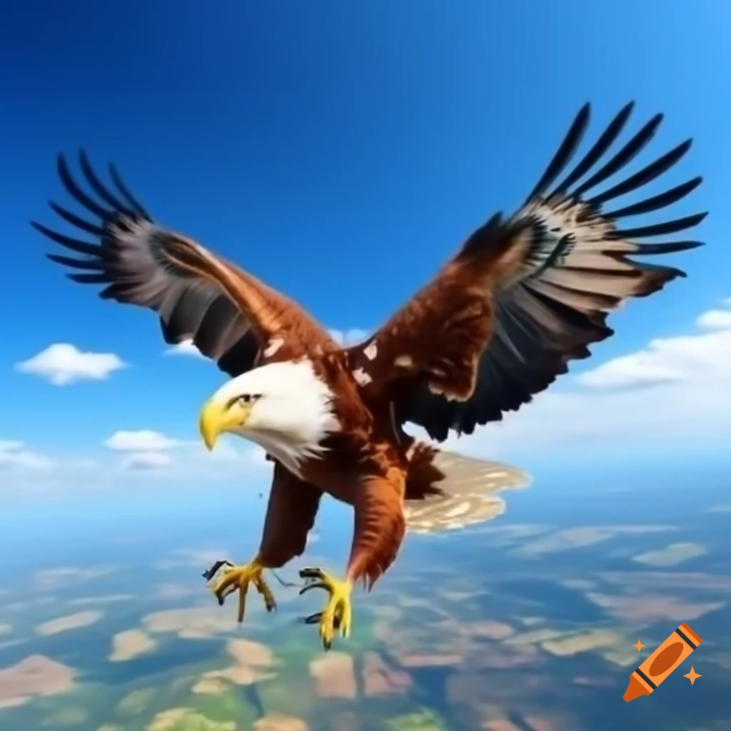 Yellow eagle soaring above Hungarian countryside with outstretched wings