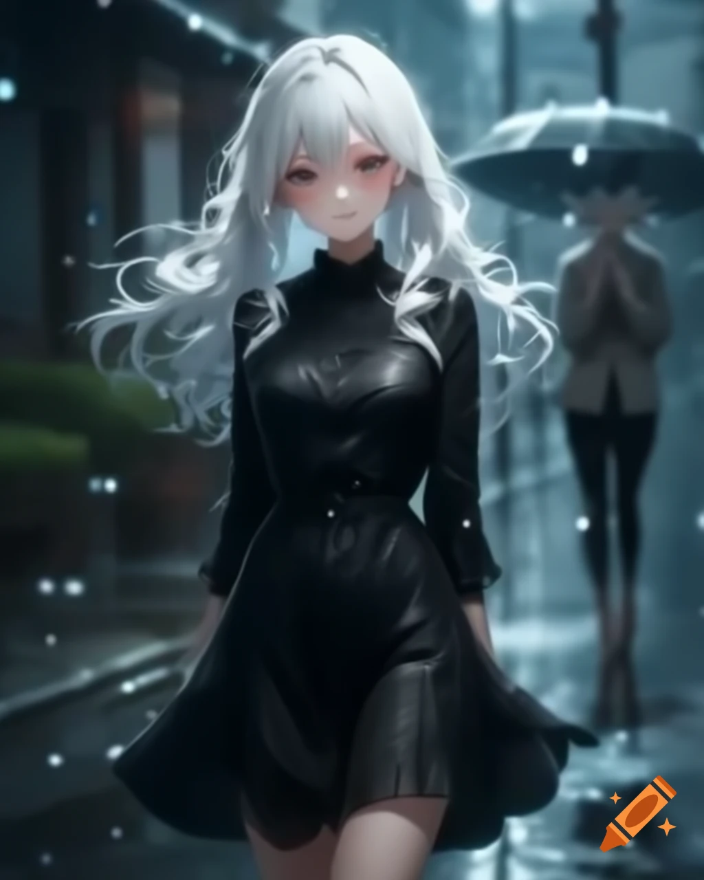 Anime woman with white hair in black dress on rainy day, realistic style