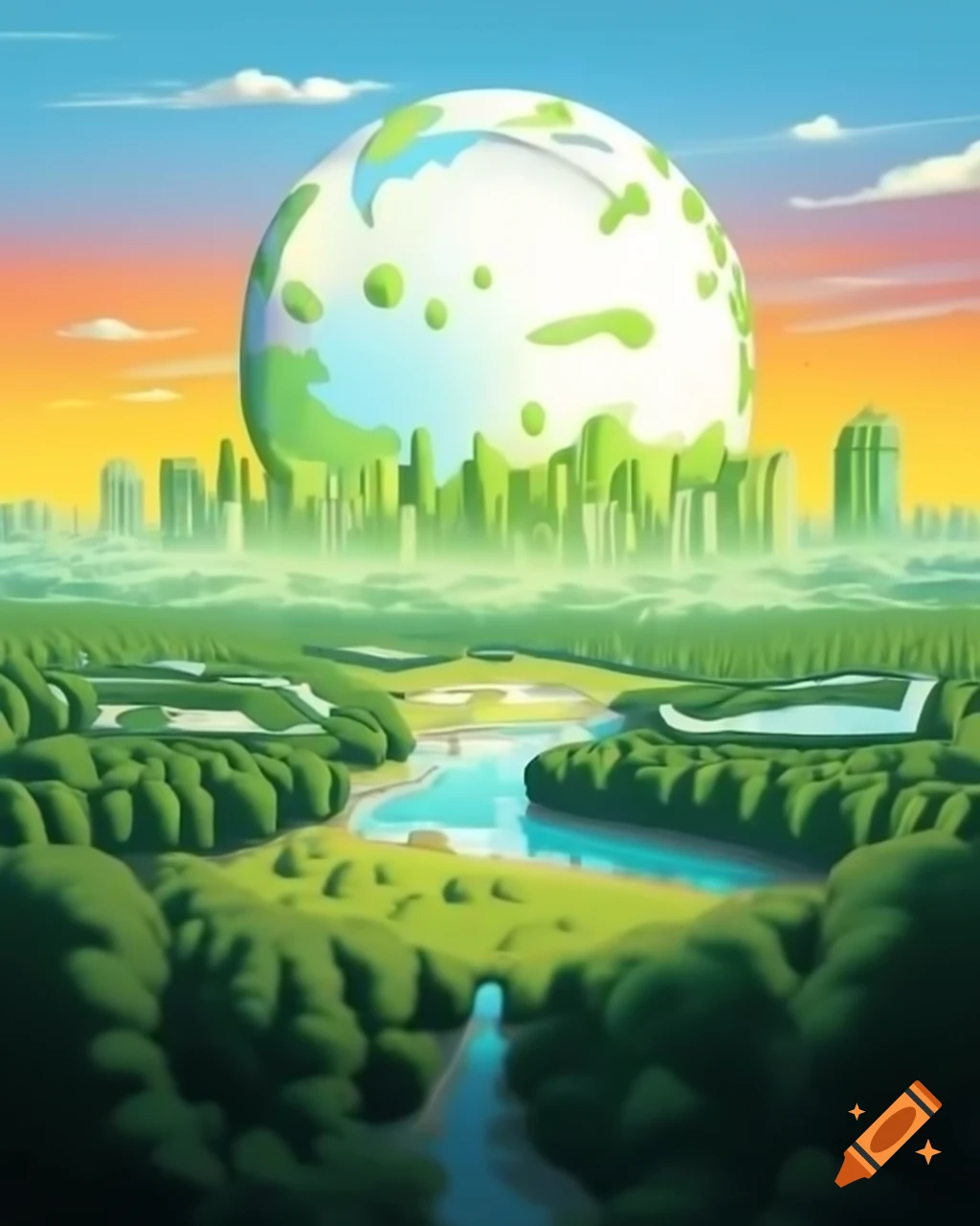 Futuristic poster for World Climate Change Conference with globe, forests, and city skyline