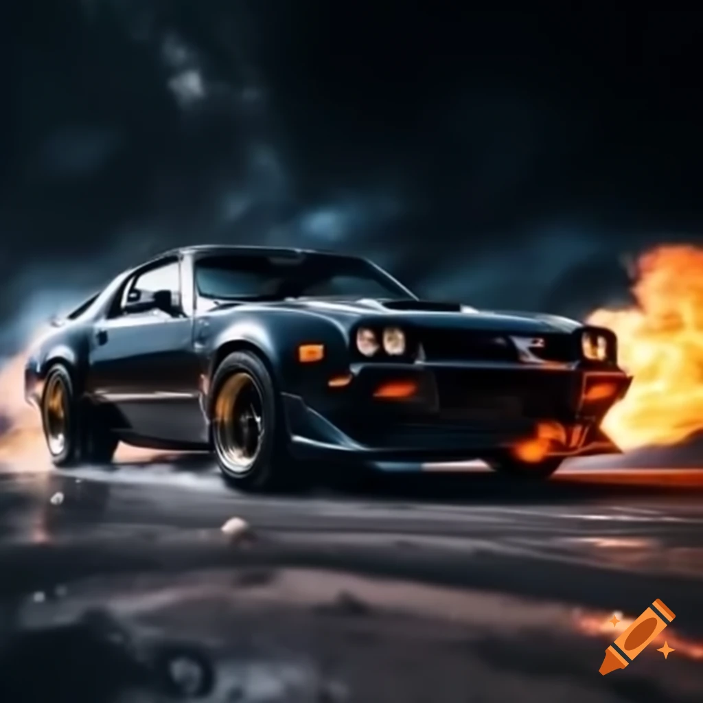 1978 black Trans Am burning out in outer space