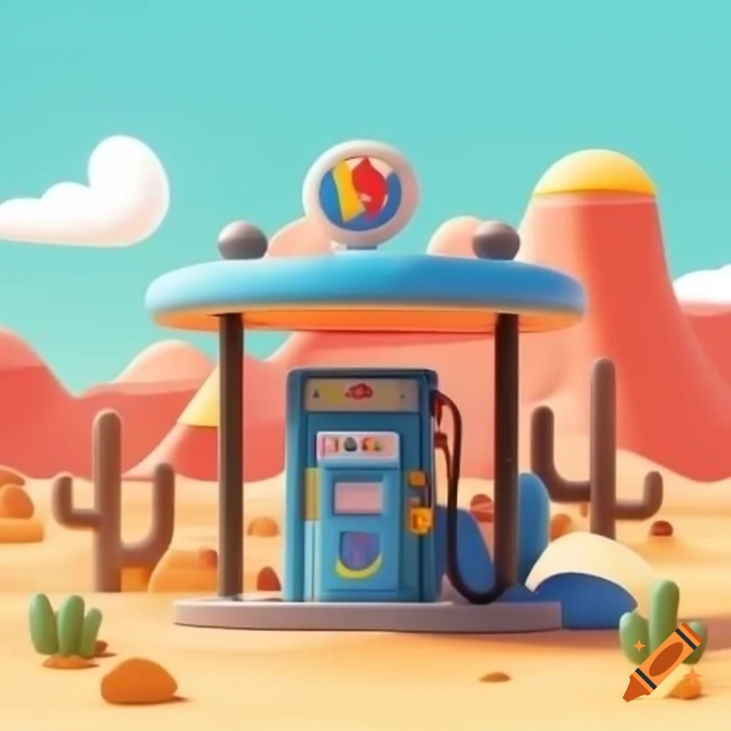 Cartoon gas pump with trendy sunglasses in the desert