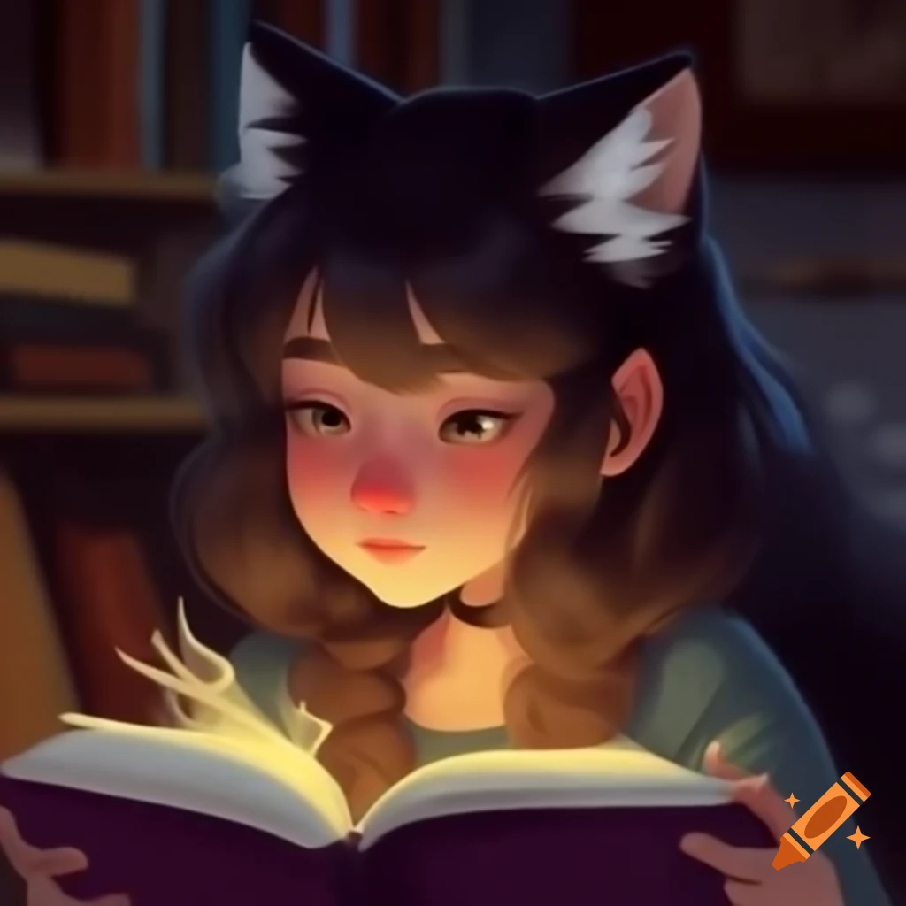 Young woman with wolf ears reading a book while hiding her face