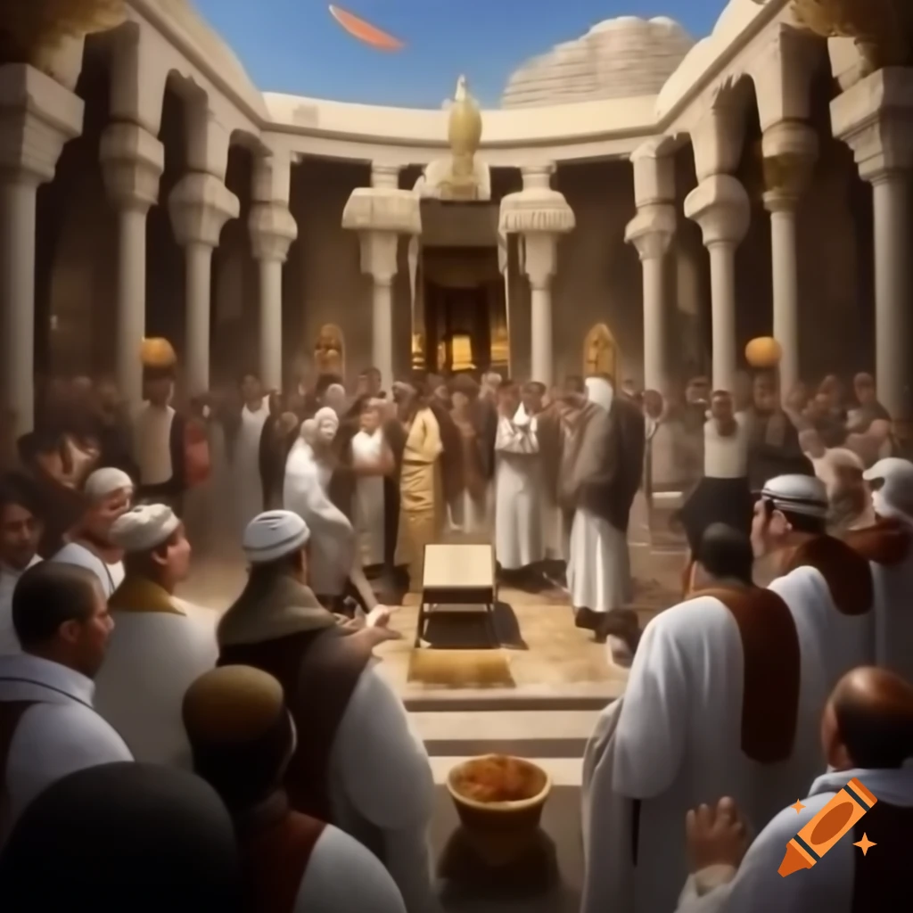Lively scene of ancient Jerusalem during water libation ceremony at Feast of Tabernacles