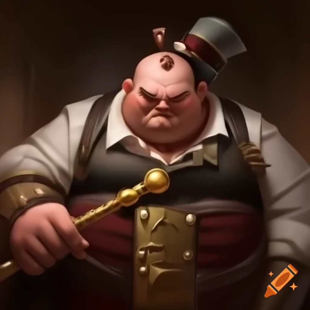 Overweight balding man in steampunk royal clothing with a gold cane looking angry
