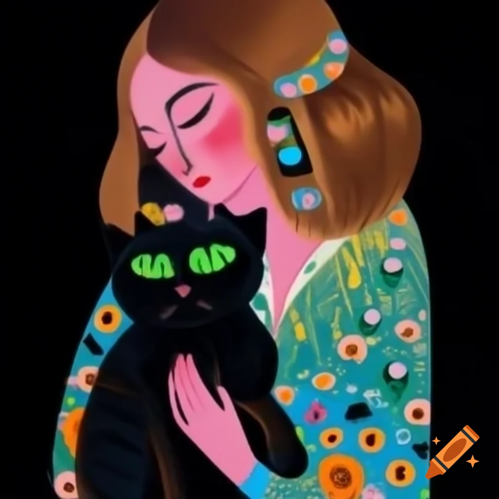 Middle-aged woman with brown hair in colorful dress holding a black cat with green eyes, Klimt and Vinci style