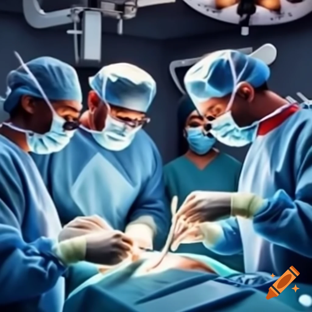 Three male surgeons performing lung surgery in full surgical attire