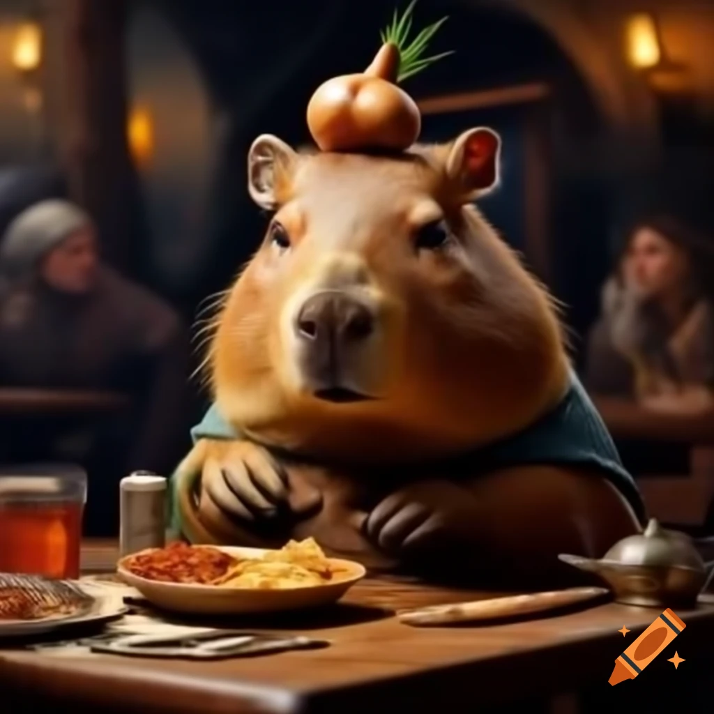 Capybara with onion on head dining in medieval tavern