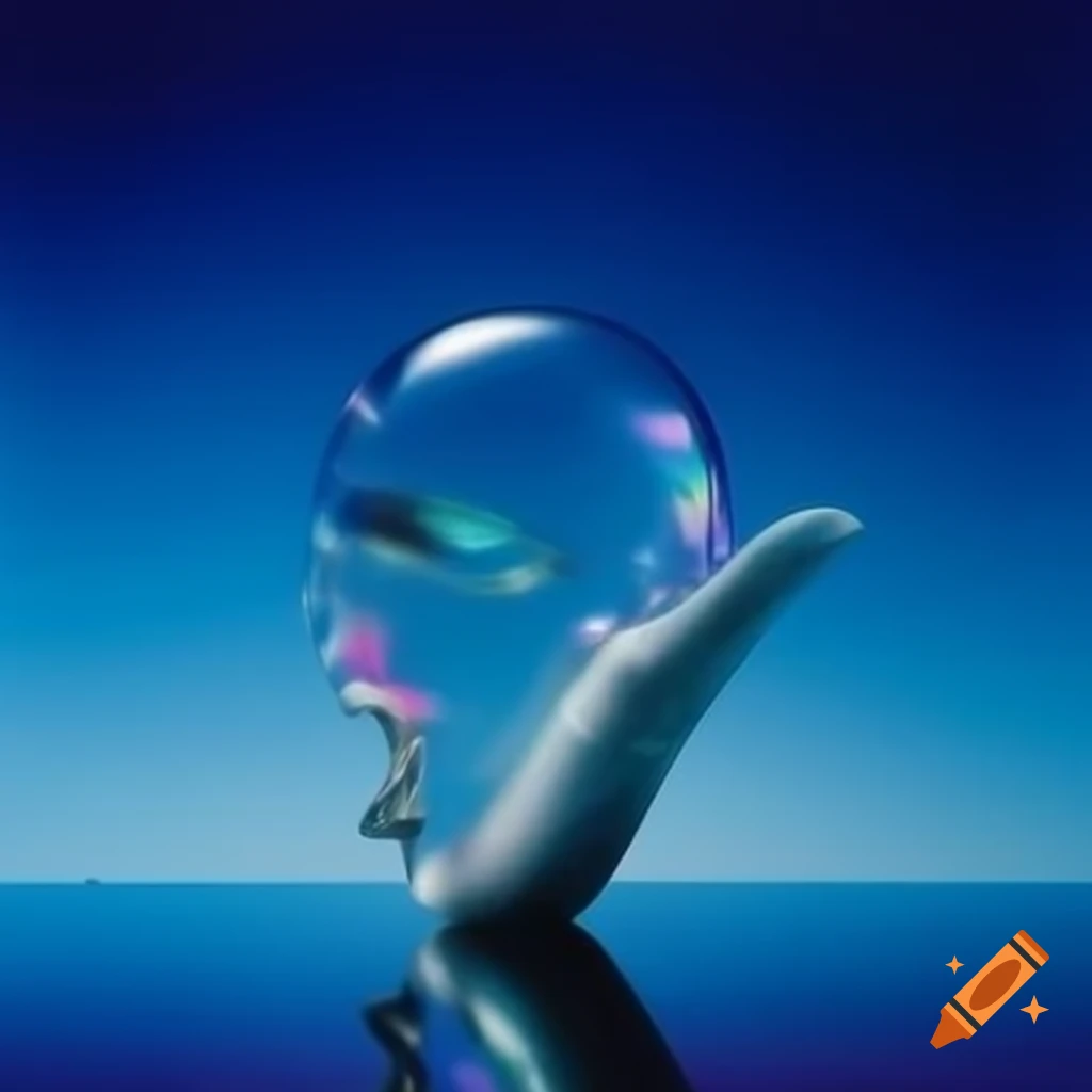 Pop surreal photography featuring iridescent glass statue