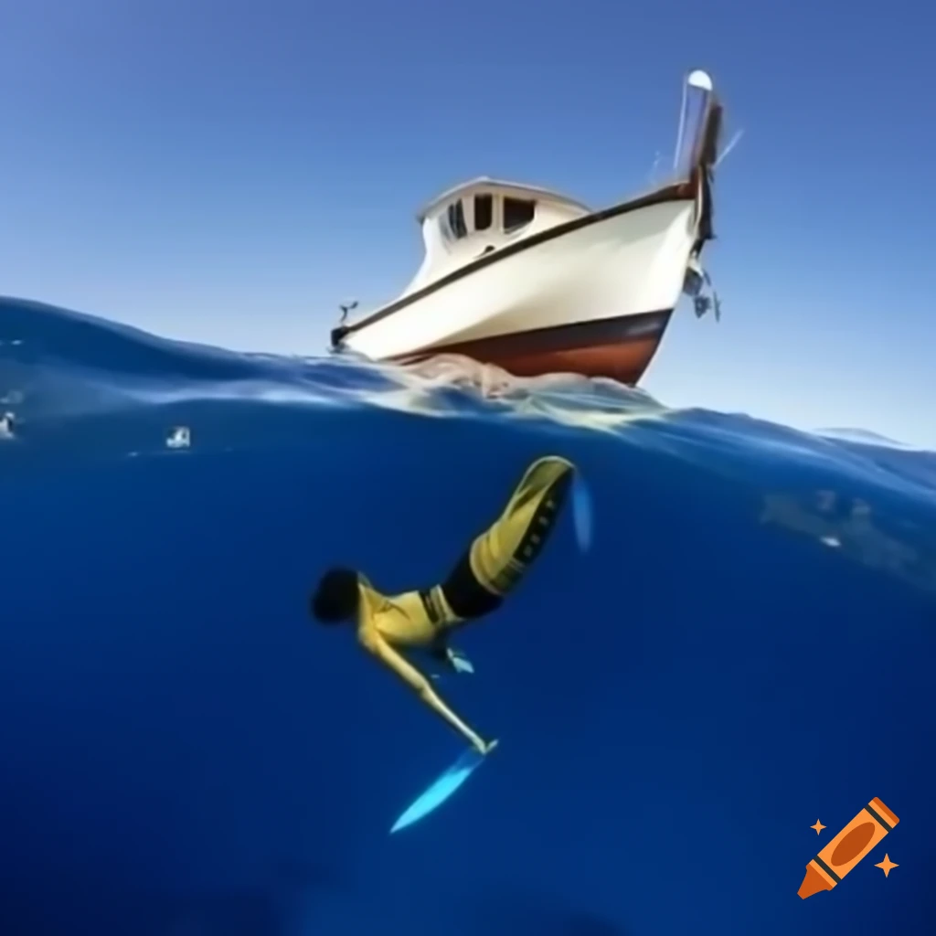 Free diver performing a backward dive from a boat on craiyon