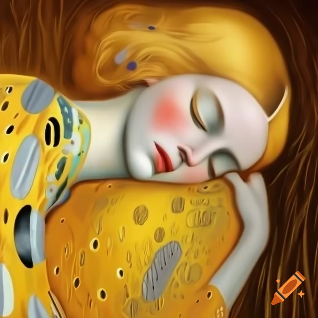 Detailed painting of a sleeping blonde princess in Gustav Klimt style, featuring shiny gold and elegant design