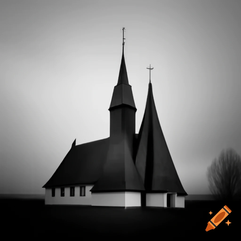 Two contrasting images of church with steeple, inspired by various artists