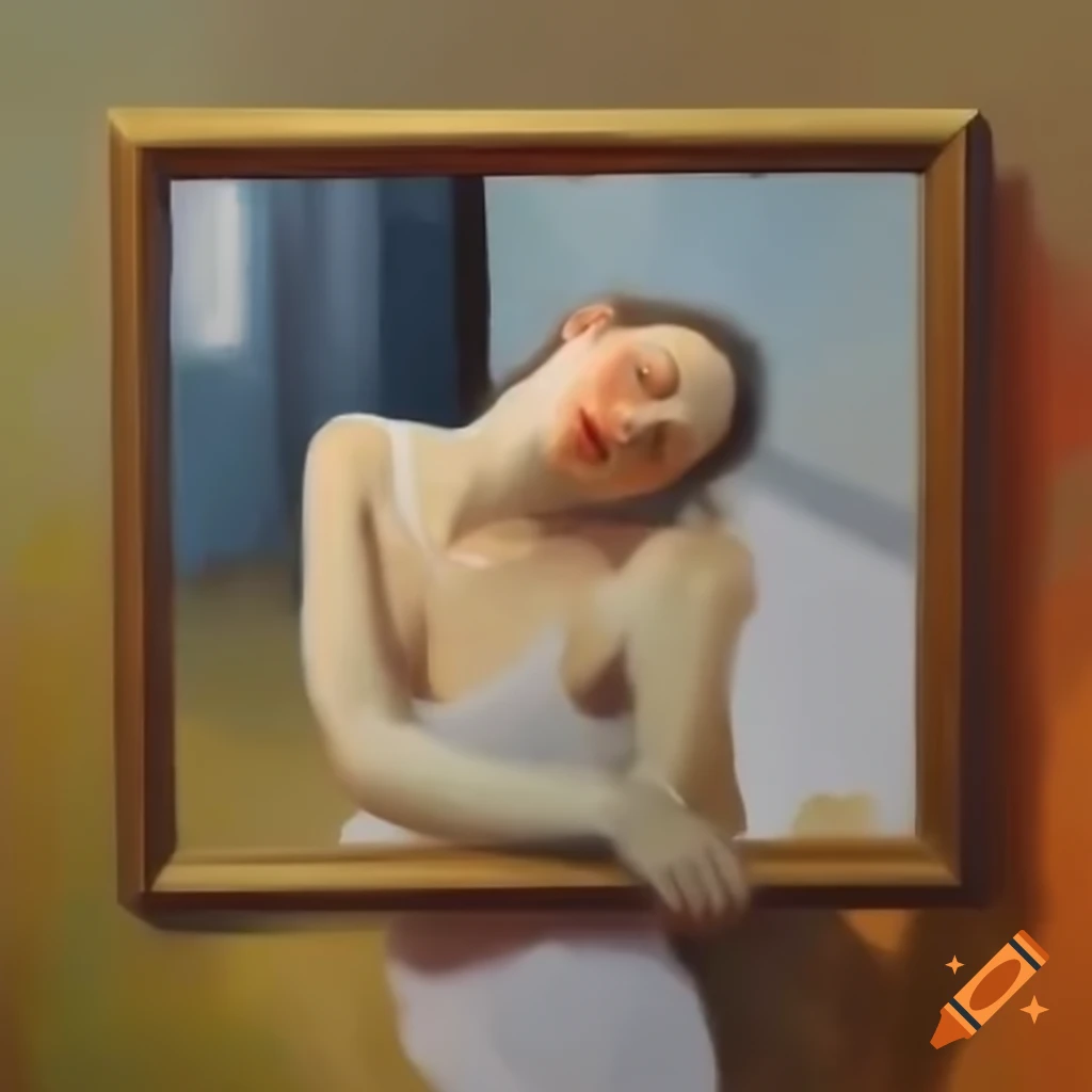 Feminine figure in utopian and dystopian world reflected in a beige-toned mirror, impressionist style
