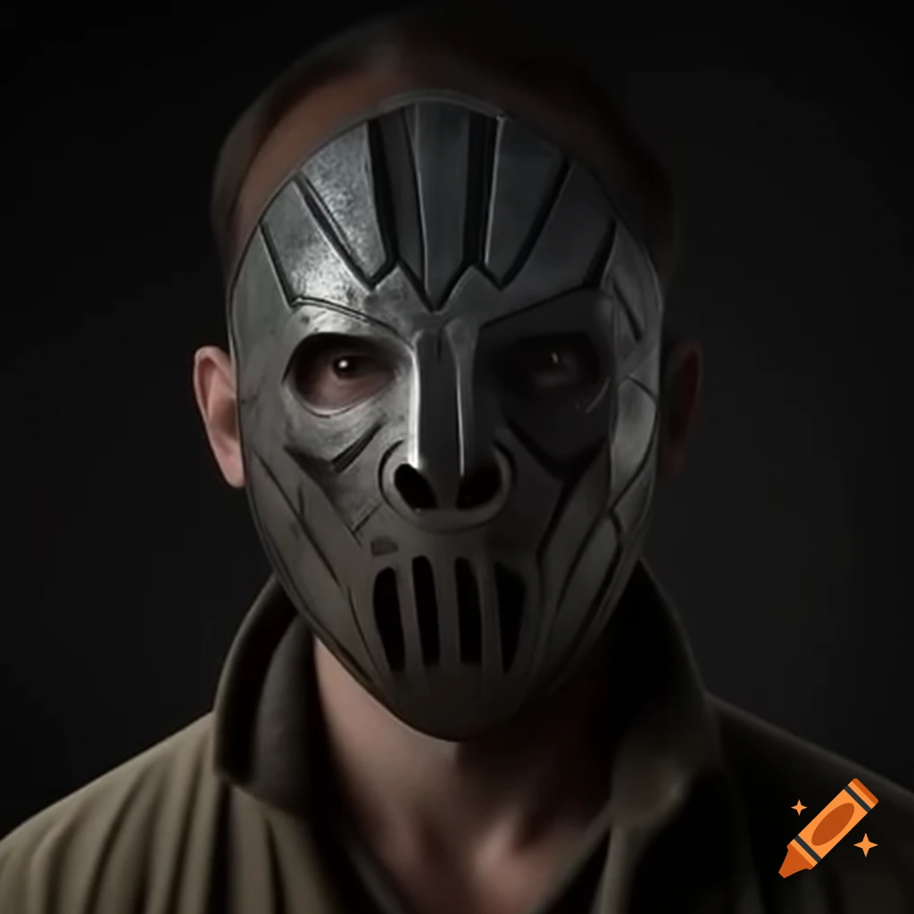 Man in metal mask and cult attire