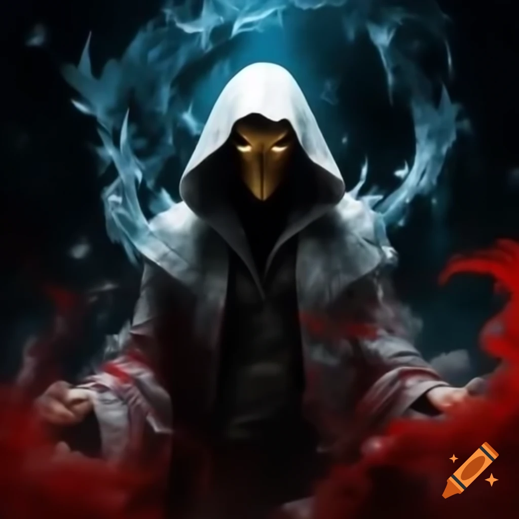 Mysterious figure in black and crimson with gold mask and icy stares