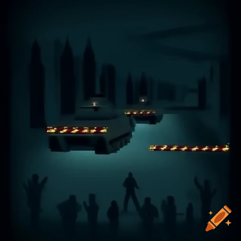 Soldiers and tanks blocking road to infected city in dark, detailed scene
