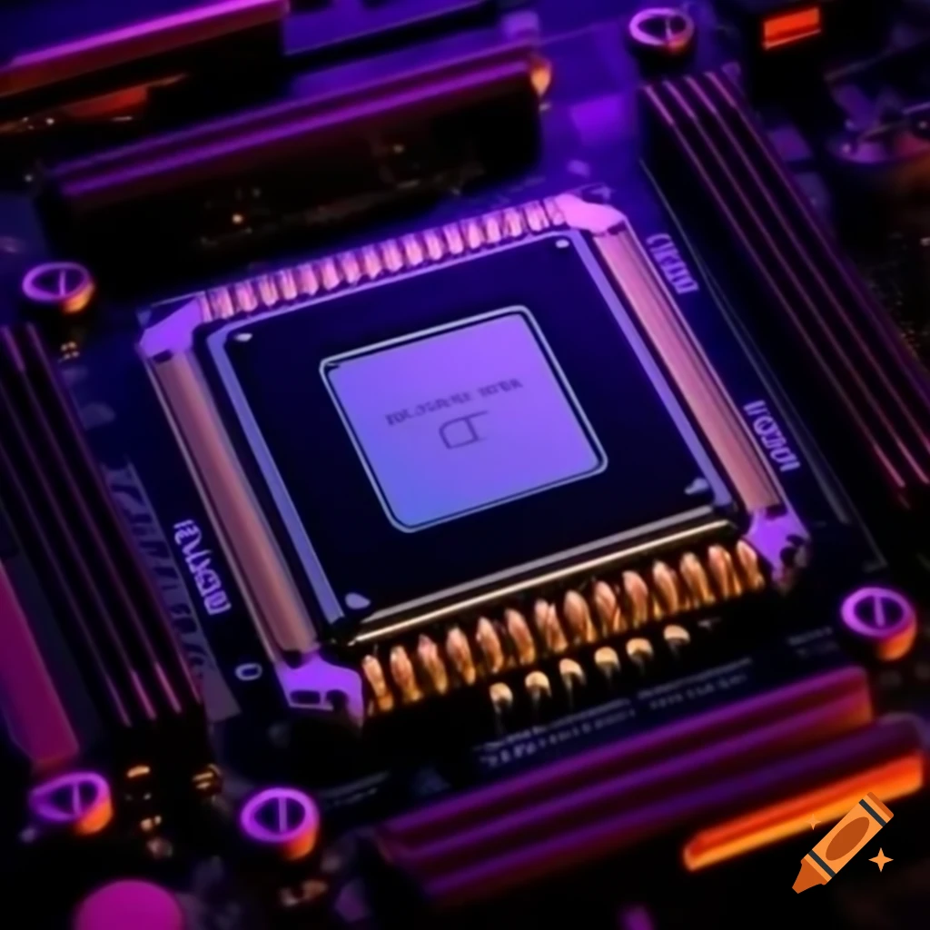 Close-up of a CPU mounted on a motherboard with spotlight and purple lighting