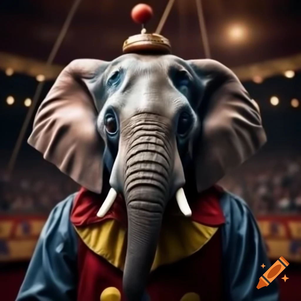 Sad elephant in clown costume in circus arena