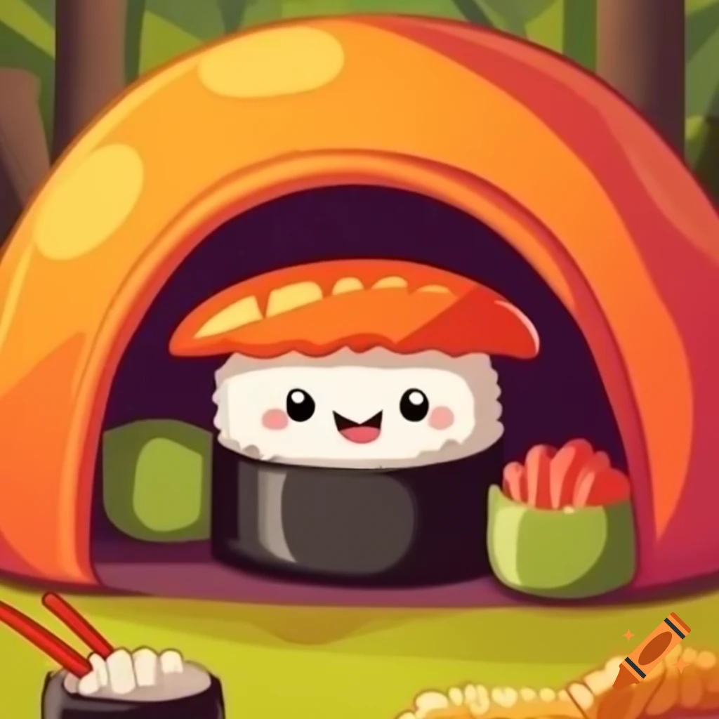 Cartoon sushi roll inside a tent