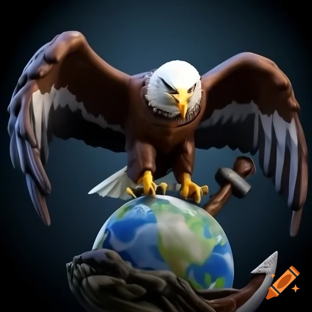 Fouled anchor and model Earth beneath majestic bald eagle in flight