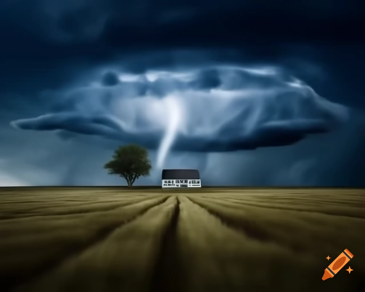 Stormy sky with thunderstorms approaching solitary house in field