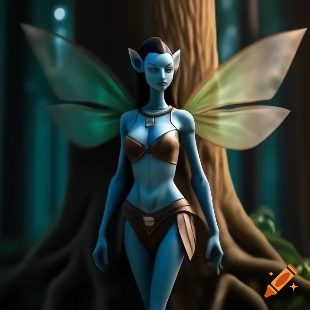 Photorealistic 3D render of a fairy next to a tree in a forest
