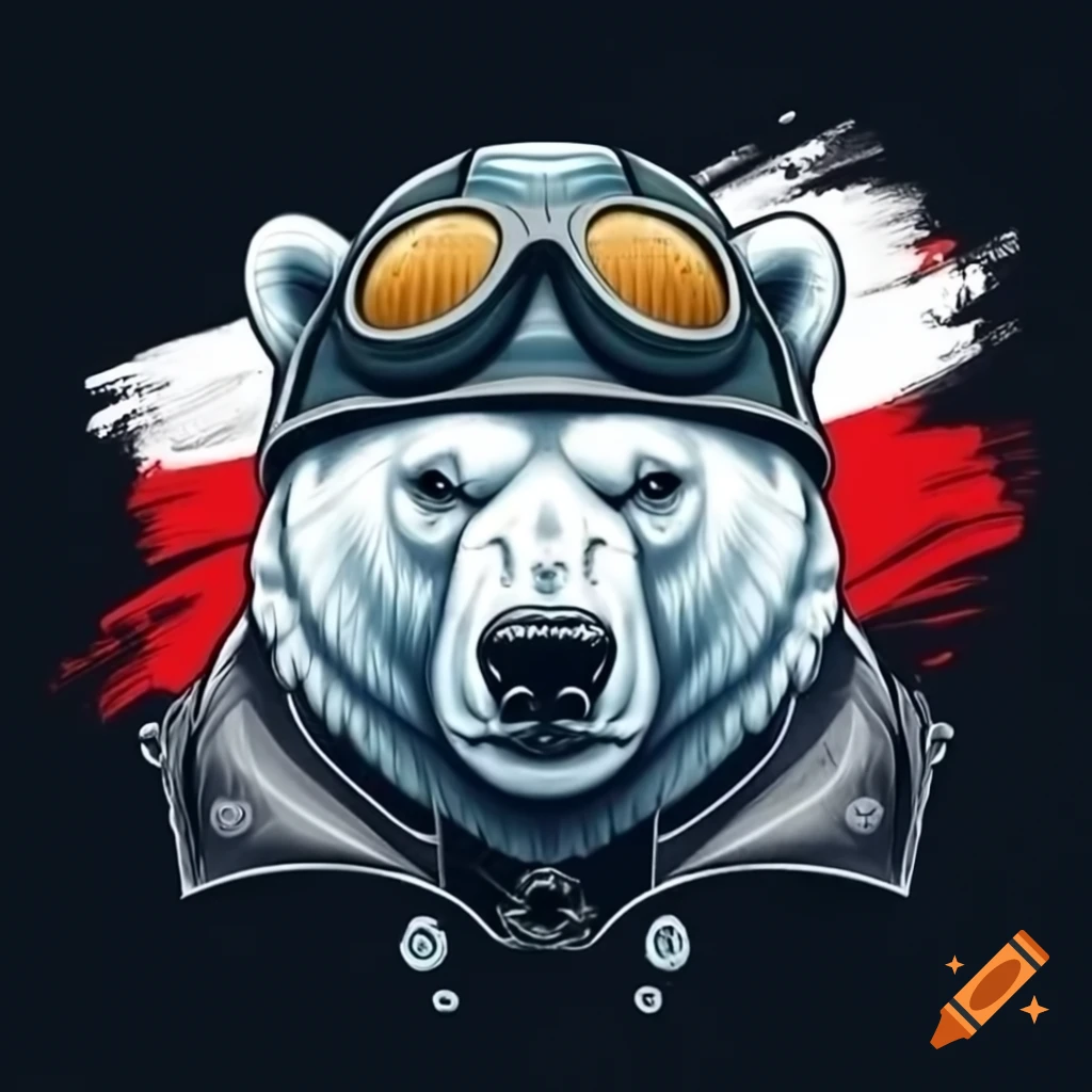 Polar bear in biker helmet with Polish flag background