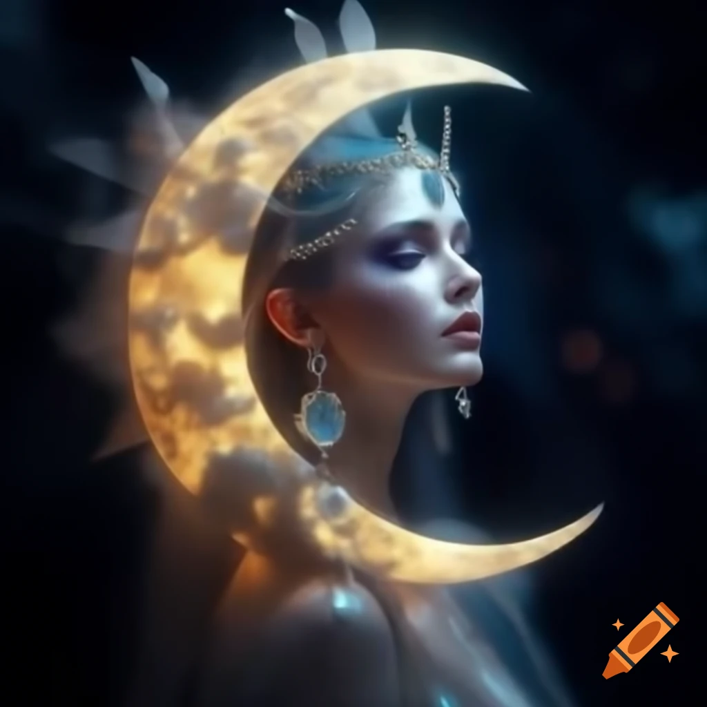 Ethereal crescent moon with mystical queen's face adorned in shimmering jewels
