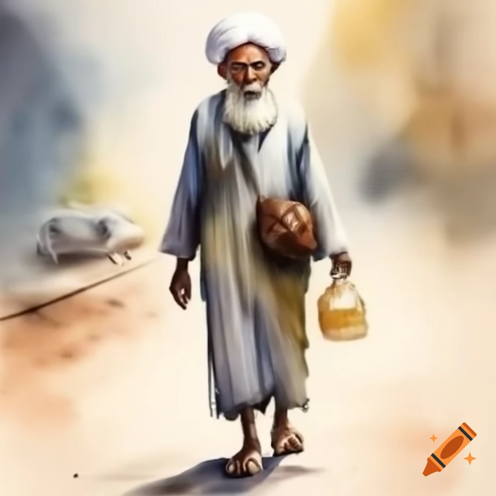 Elderly Muslim man in traditional clothing on pilgrimage walking peacefully on road