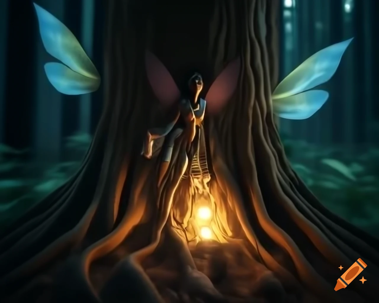 Photorealistic 3D render of fairy standing by tree in forest with raytracing
