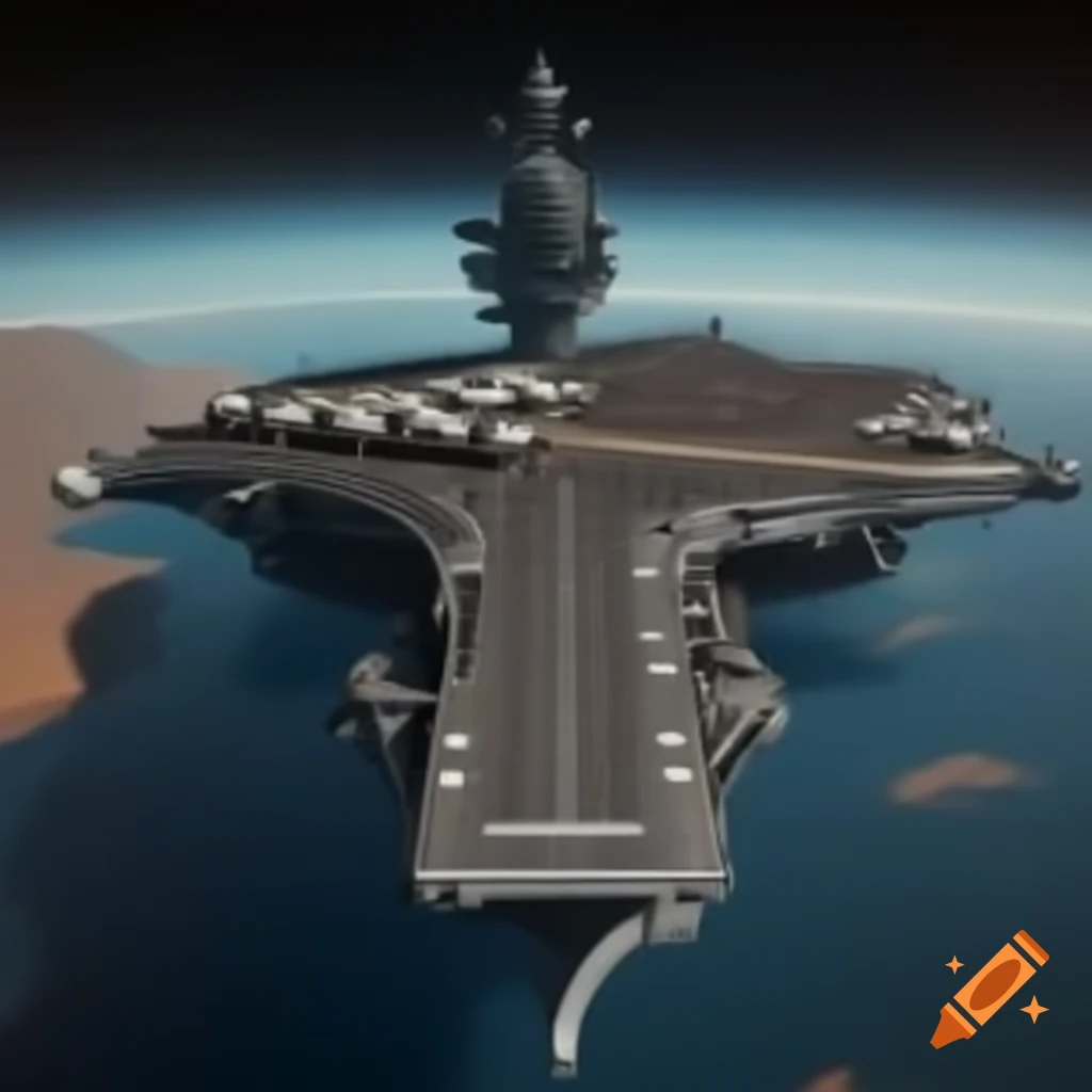 Spaceship resembling an aircraft carrier in orbit around Mars