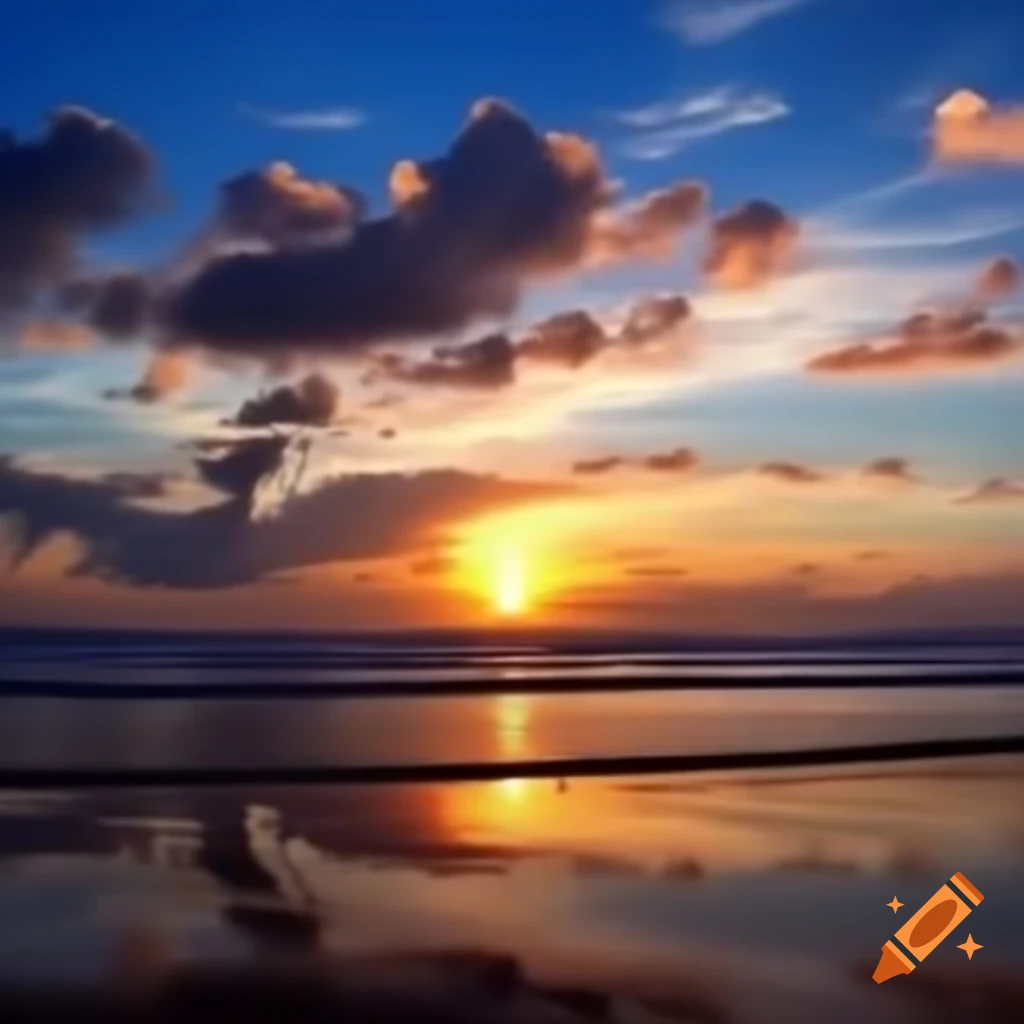 Atardecer en la playa con nubes cálidas reflejadas en el mar