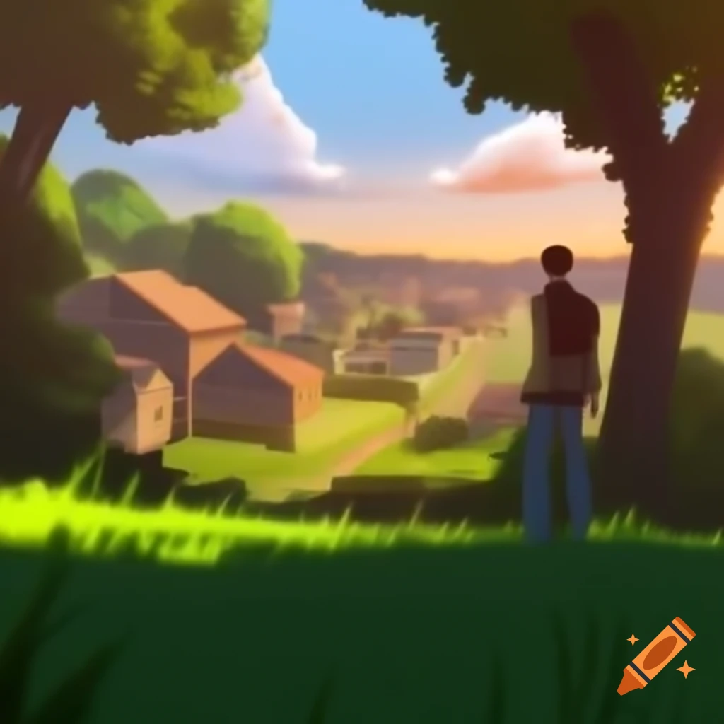 Scenic view of a quiet village at dawn with sunlight filtering through trees and a young man in the foreground