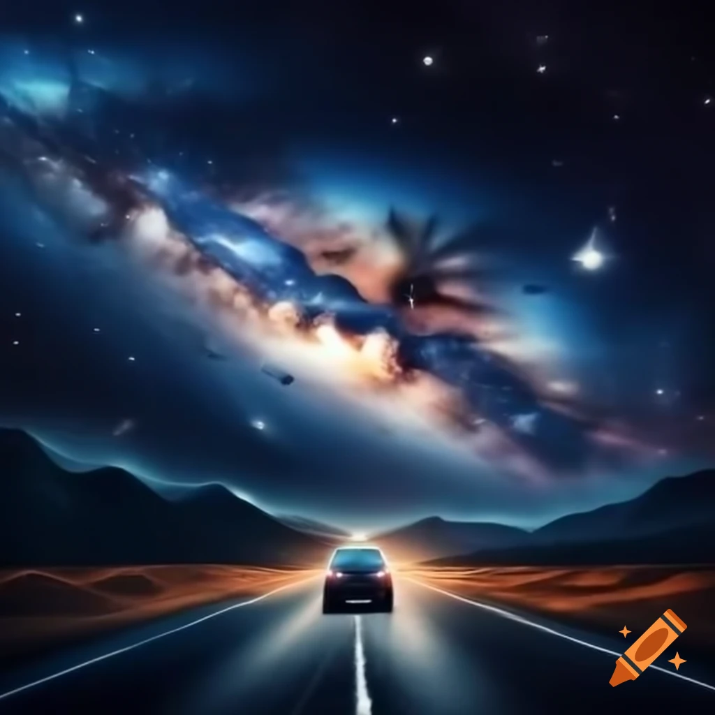 Car driving on road through galaxy space