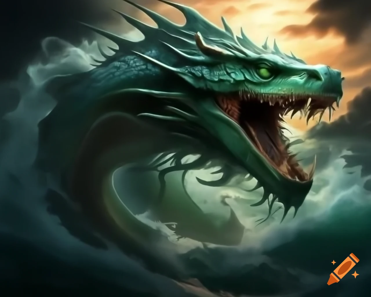 Ancient Leviathan emerging from mists with emerald scales under setting sun