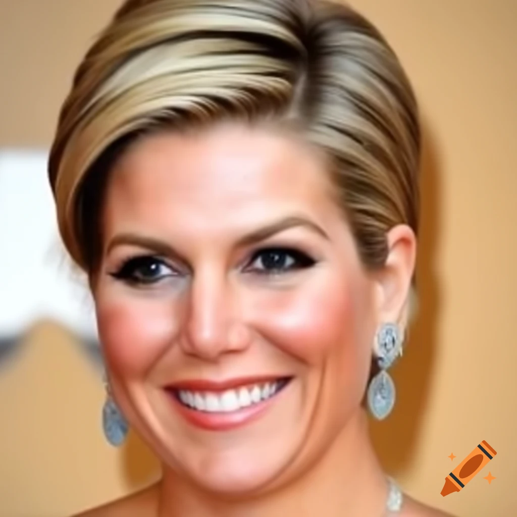 Queen Maxima showcasing short brushed back pixie cut and regal style