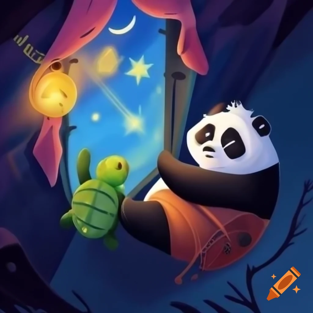 2-year-old panda climbing into cozy bed with blanket and stuffed turtle, starry night view