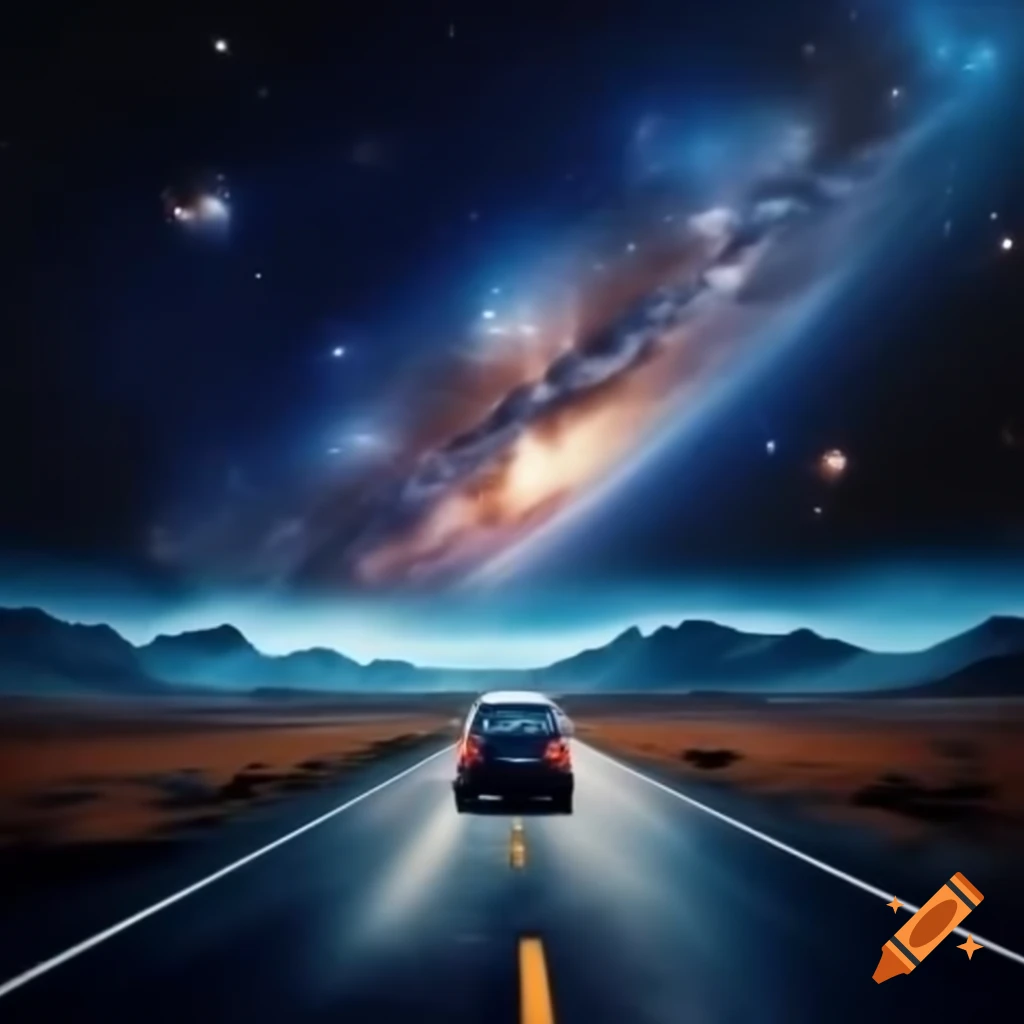 Car driving on road through galaxy space