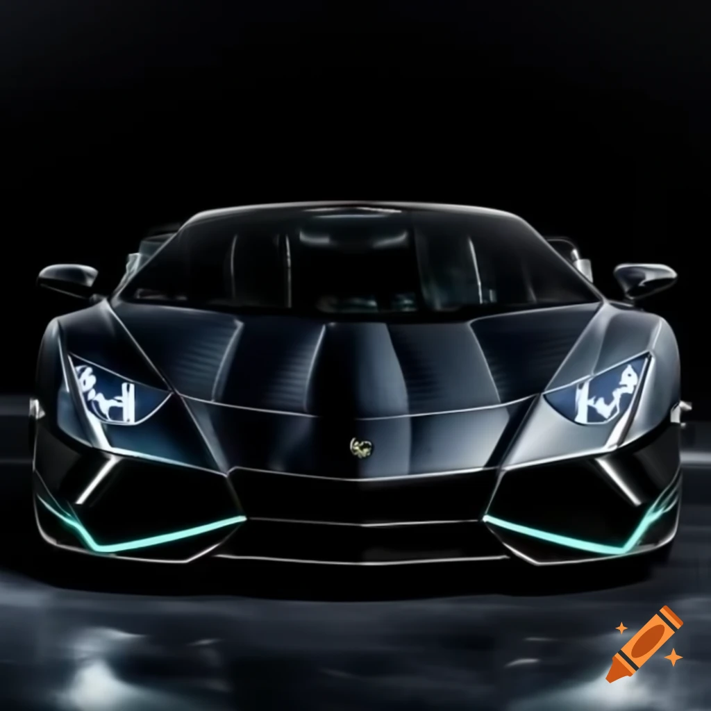 Black Lamborghini with glowing headlights against black background