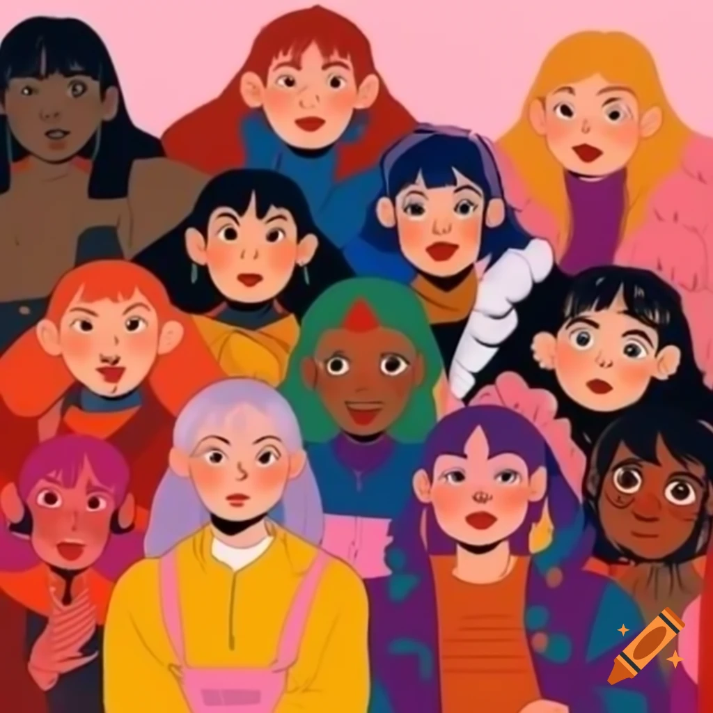 Group photo of diverse anime characters in colorful attire